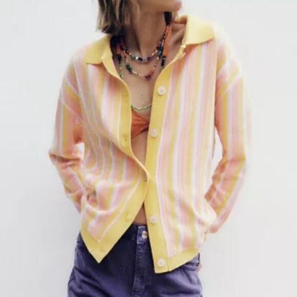 ZARA Jacquard Striped Yellow and Pink Button Up Cardigan Sweater LARGE - Picture 1 of 9